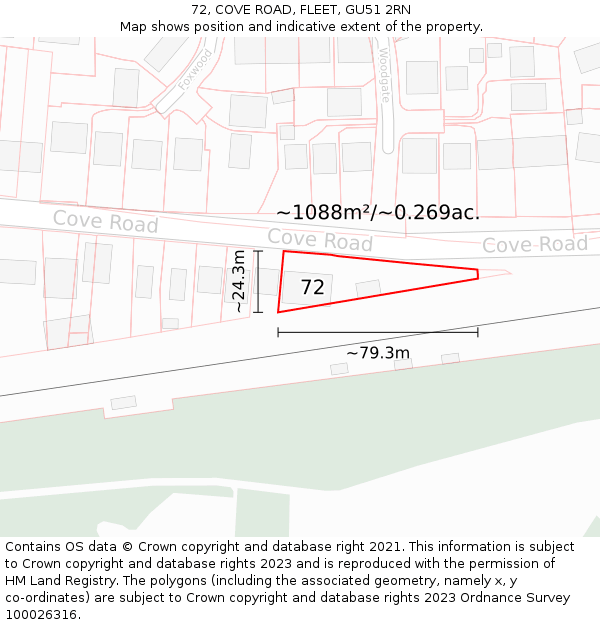 72, COVE ROAD, FLEET, GU51 2RN: Plot and title map