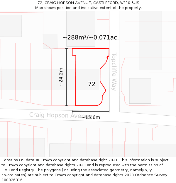 72, CRAIG HOPSON AVENUE, CASTLEFORD, WF10 5US: Plot and title map