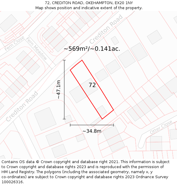 72, CREDITON ROAD, OKEHAMPTON, EX20 1NY: Plot and title map