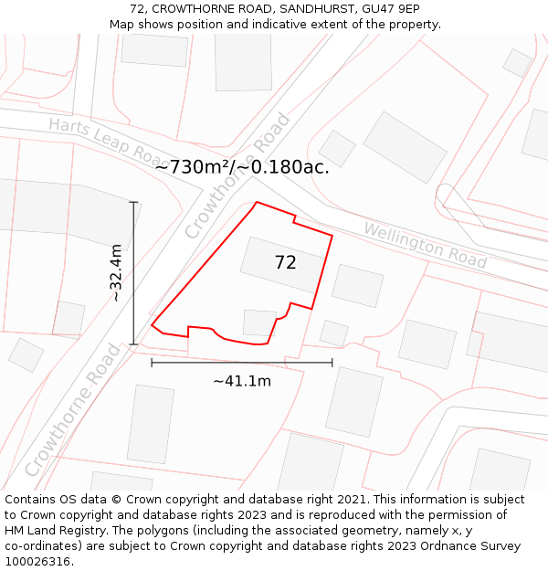 72, CROWTHORNE ROAD, SANDHURST, GU47 9EP: Plot and title map
