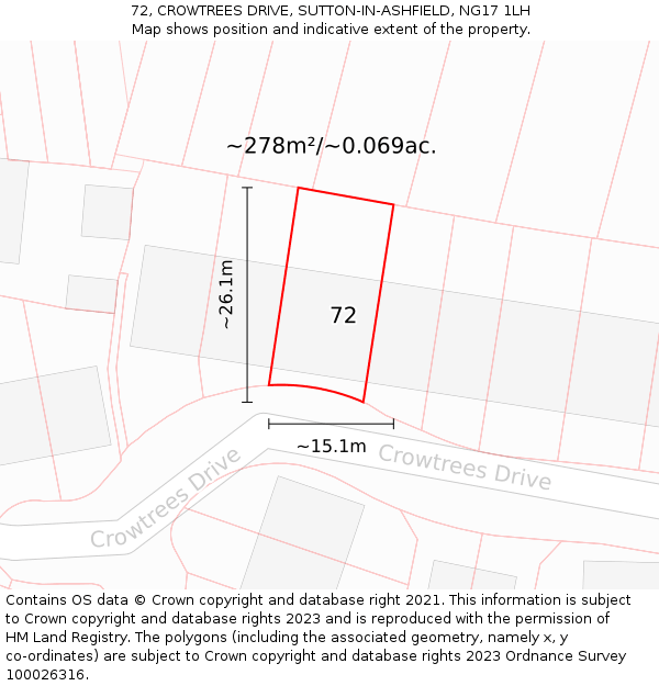 72, CROWTREES DRIVE, SUTTON-IN-ASHFIELD, NG17 1LH: Plot and title map