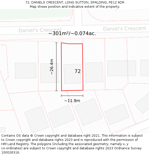 72, DANIELS CRESCENT, LONG SUTTON, SPALDING, PE12 9DR: Plot and title map