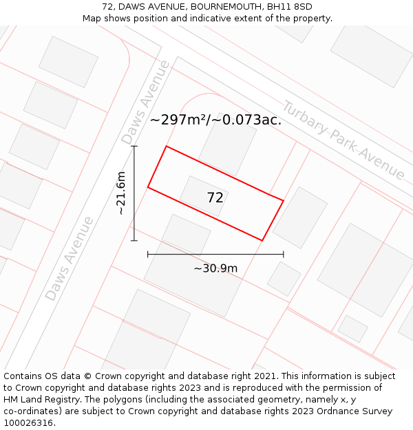 72, DAWS AVENUE, BOURNEMOUTH, BH11 8SD: Plot and title map