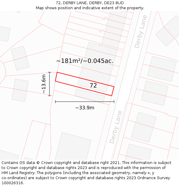 72, DERBY LANE, DERBY, DE23 8UD: Plot and title map