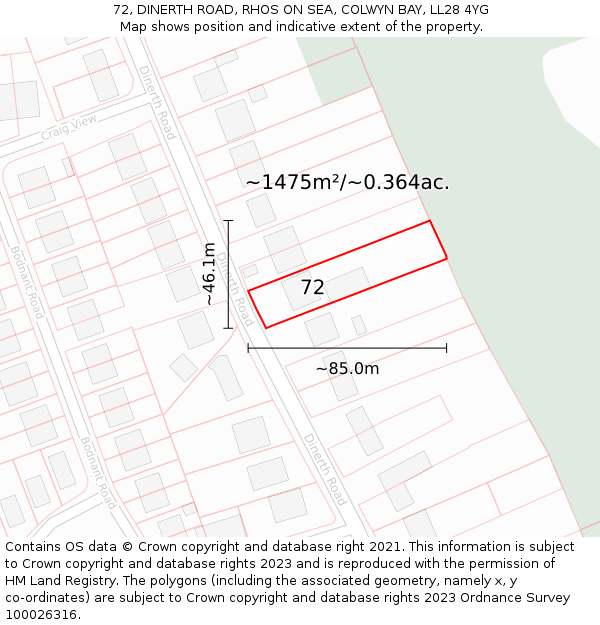 72, DINERTH ROAD, RHOS ON SEA, COLWYN BAY, LL28 4YG: Plot and title map