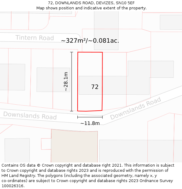 72, DOWNLANDS ROAD, DEVIZES, SN10 5EF: Plot and title map
