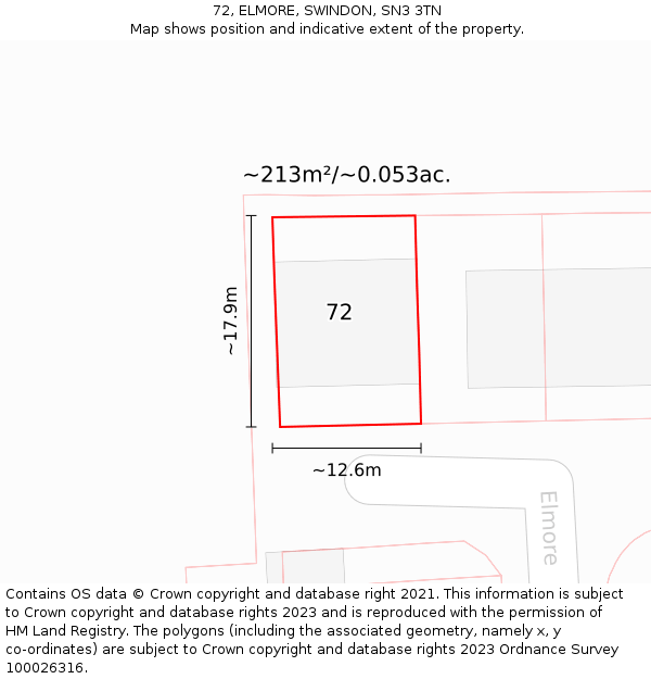 72, ELMORE, SWINDON, SN3 3TN: Plot and title map