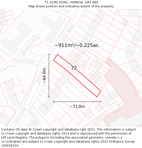 72, ELMS ROAD, HARROW, HA3 6BS: Plot and title map