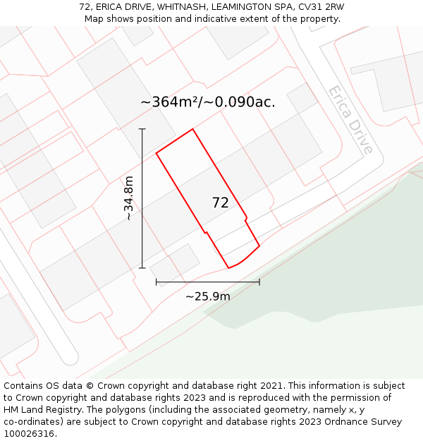72, ERICA DRIVE, WHITNASH, LEAMINGTON SPA, CV31 2RW: Plot and title map