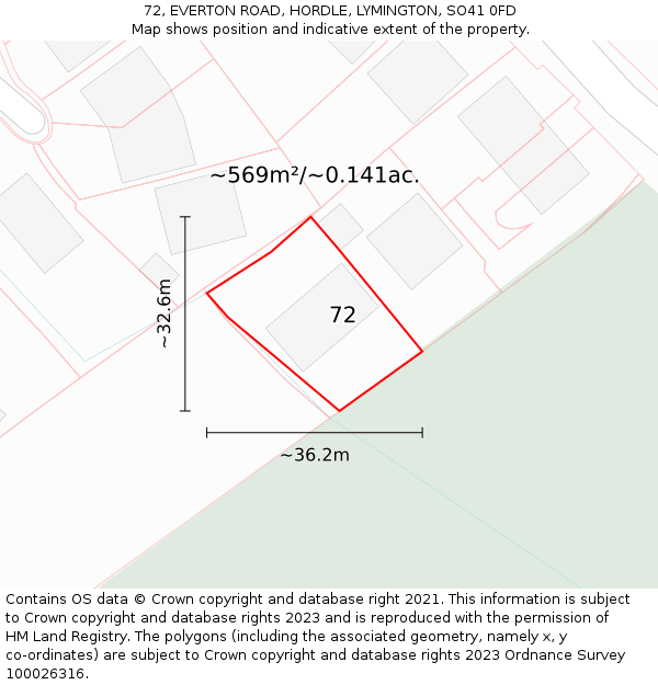 72, EVERTON ROAD, HORDLE, LYMINGTON, SO41 0FD: Plot and title map