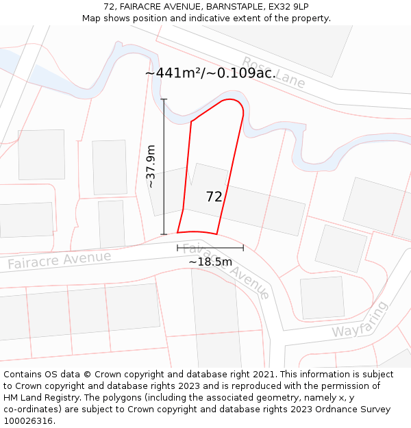 72, FAIRACRE AVENUE, BARNSTAPLE, EX32 9LP: Plot and title map