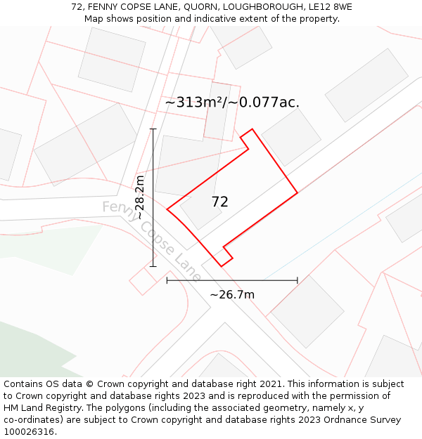 72, FENNY COPSE LANE, QUORN, LOUGHBOROUGH, LE12 8WE: Plot and title map