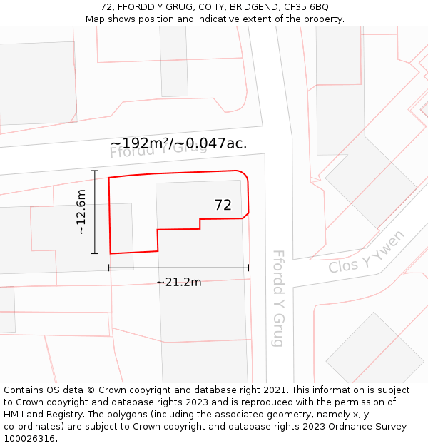 72, FFORDD Y GRUG, COITY, BRIDGEND, CF35 6BQ: Plot and title map