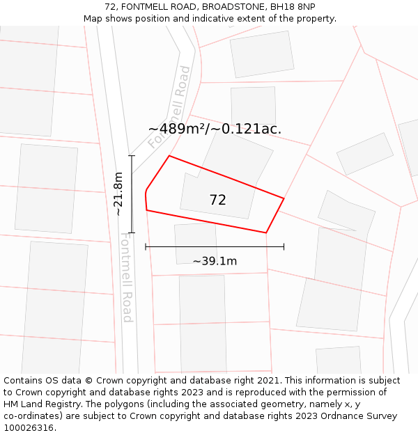 72, FONTMELL ROAD, BROADSTONE, BH18 8NP: Plot and title map