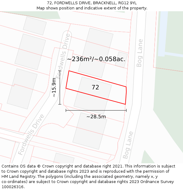 72, FORDWELLS DRIVE, BRACKNELL, RG12 9YL: Plot and title map
