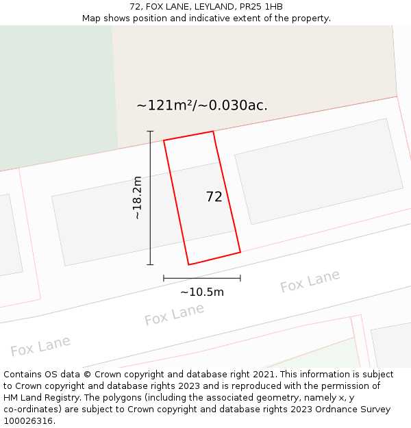 72, FOX LANE, LEYLAND, PR25 1HB: Plot and title map