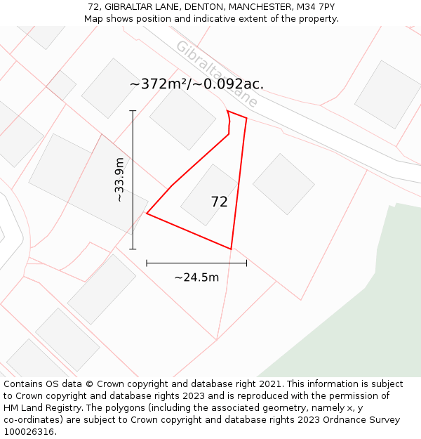 72, GIBRALTAR LANE, DENTON, MANCHESTER, M34 7PY: Plot and title map