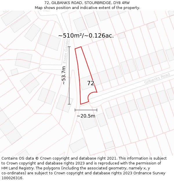 72, GILBANKS ROAD, STOURBRIDGE, DY8 4RW: Plot and title map