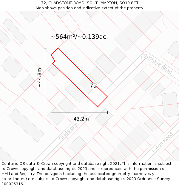 72, GLADSTONE ROAD, SOUTHAMPTON, SO19 8GT: Plot and title map