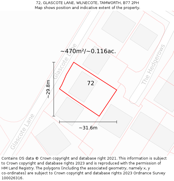 72, GLASCOTE LANE, WILNECOTE, TAMWORTH, B77 2PH: Plot and title map
