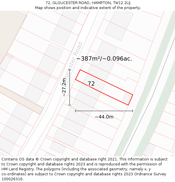 72, GLOUCESTER ROAD, HAMPTON, TW12 2UJ: Plot and title map