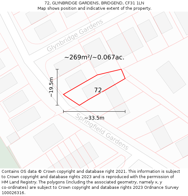 72, GLYNBRIDGE GARDENS, BRIDGEND, CF31 1LN: Plot and title map