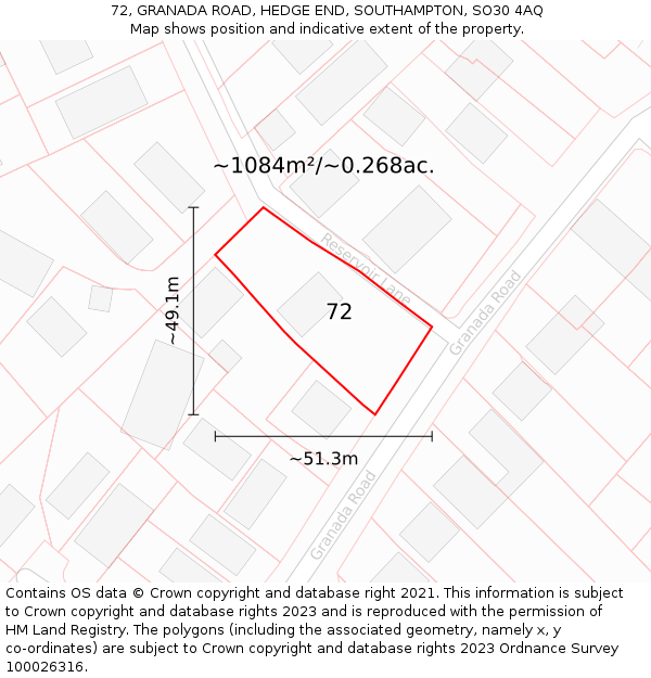 72, GRANADA ROAD, HEDGE END, SOUTHAMPTON, SO30 4AQ: Plot and title map