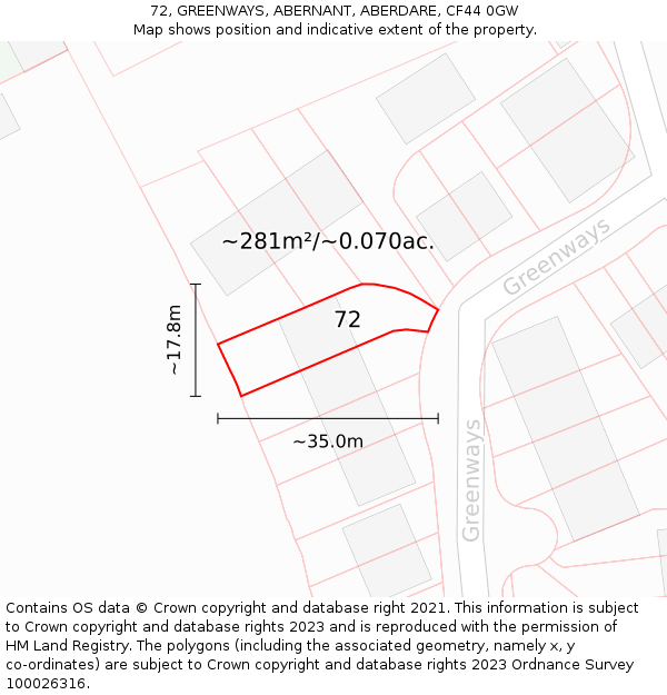 72, GREENWAYS, ABERNANT, ABERDARE, CF44 0GW: Plot and title map