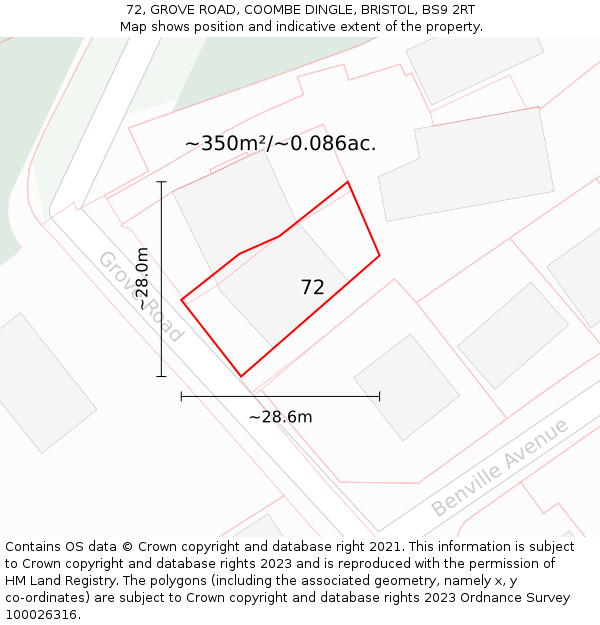72, GROVE ROAD, COOMBE DINGLE, BRISTOL, BS9 2RT: Plot and title map