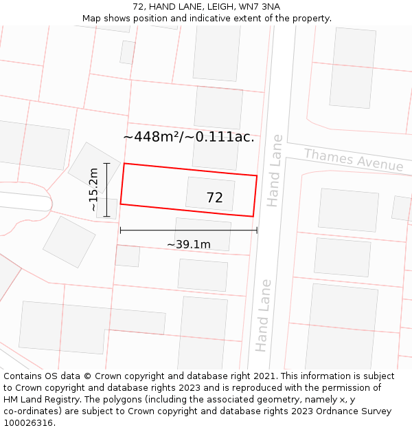 72, HAND LANE, LEIGH, WN7 3NA: Plot and title map