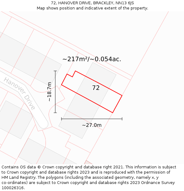 72, HANOVER DRIVE, BRACKLEY, NN13 6JS: Plot and title map