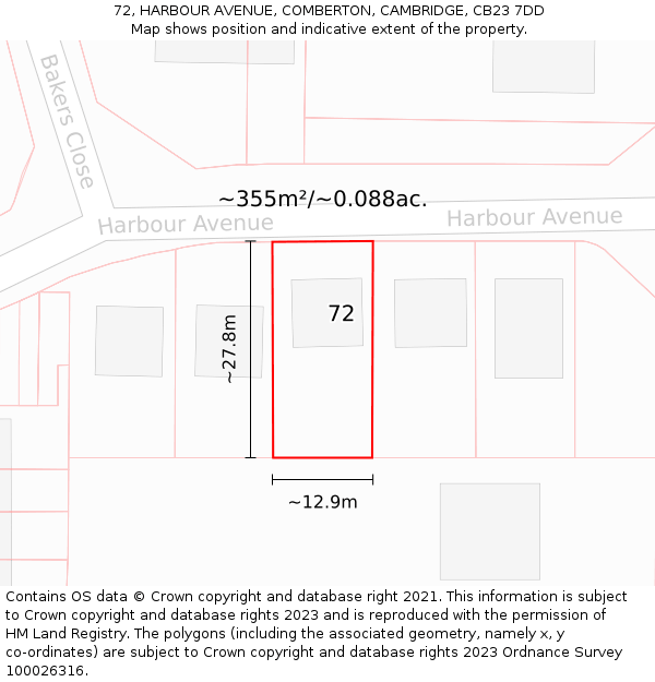 72, HARBOUR AVENUE, COMBERTON, CAMBRIDGE, CB23 7DD: Plot and title map
