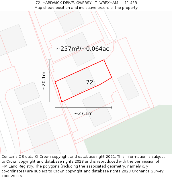 72, HARDWICK DRIVE, GWERSYLLT, WREXHAM, LL11 4FB: Plot and title map