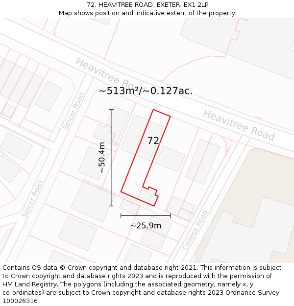 72, HEAVITREE ROAD, EXETER, EX1 2LP: Plot and title map