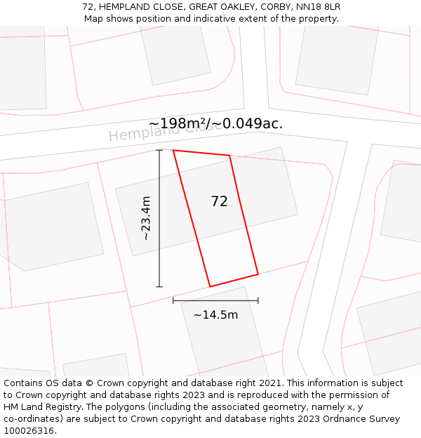 72, HEMPLAND CLOSE, GREAT OAKLEY, CORBY, NN18 8LR: Plot and title map