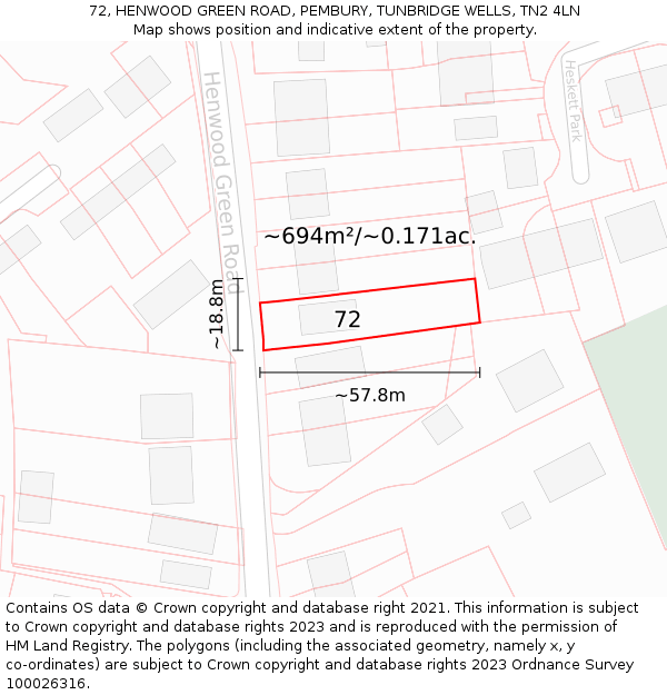 72, HENWOOD GREEN ROAD, PEMBURY, TUNBRIDGE WELLS, TN2 4LN: Plot and title map