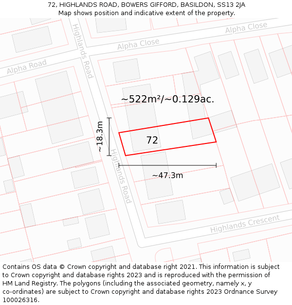 72, HIGHLANDS ROAD, BOWERS GIFFORD, BASILDON, SS13 2JA: Plot and title map