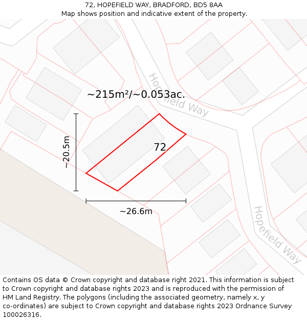 72, HOPEFIELD WAY, BRADFORD, BD5 8AA: Plot and title map