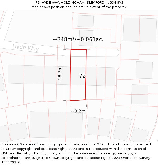 72, HYDE WAY, HOLDINGHAM, SLEAFORD, NG34 8YS: Plot and title map