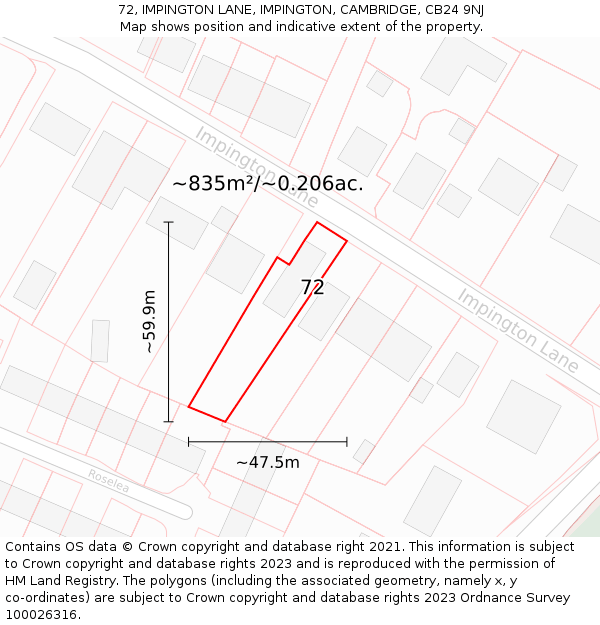72, IMPINGTON LANE, IMPINGTON, CAMBRIDGE, CB24 9NJ: Plot and title map