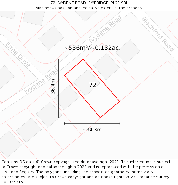 72, IVYDENE ROAD, IVYBRIDGE, PL21 9BL: Plot and title map