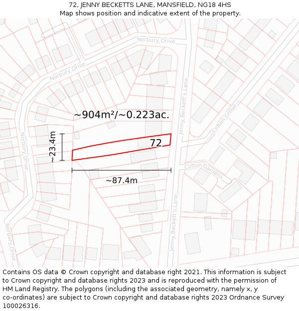 72, JENNY BECKETTS LANE, MANSFIELD, NG18 4HS: Plot and title map