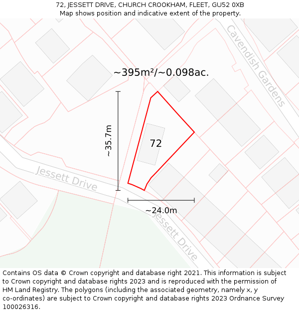 72, JESSETT DRIVE, CHURCH CROOKHAM, FLEET, GU52 0XB: Plot and title map