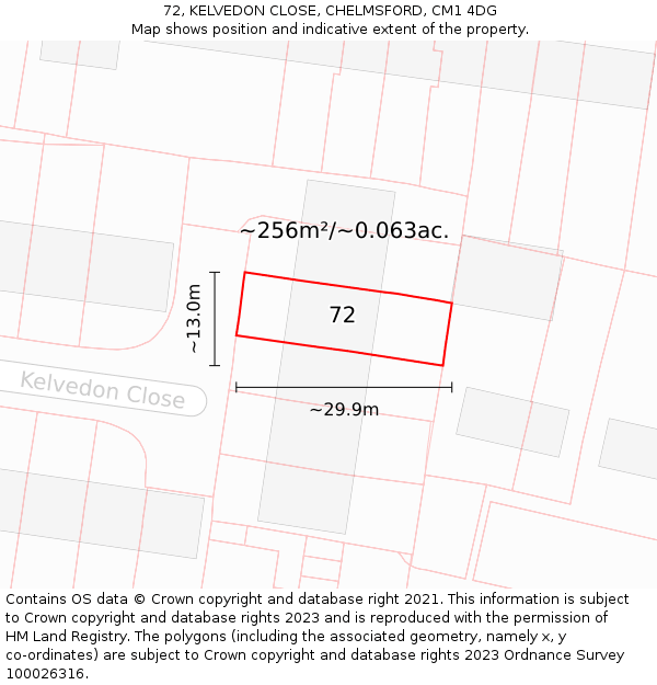 72, KELVEDON CLOSE, CHELMSFORD, CM1 4DG: Plot and title map