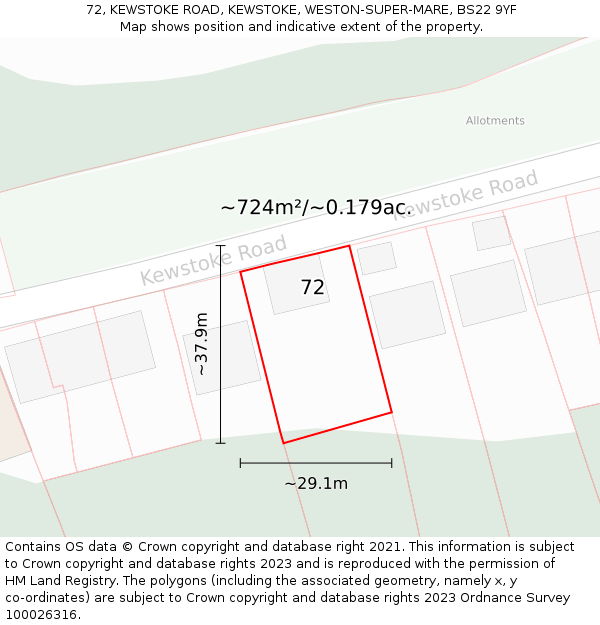 72, KEWSTOKE ROAD, KEWSTOKE, WESTON-SUPER-MARE, BS22 9YF: Plot and title map