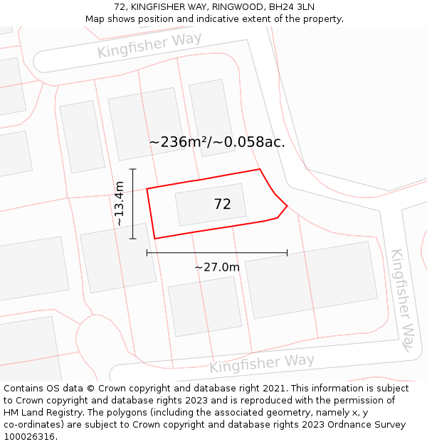 72, KINGFISHER WAY, RINGWOOD, BH24 3LN: Plot and title map