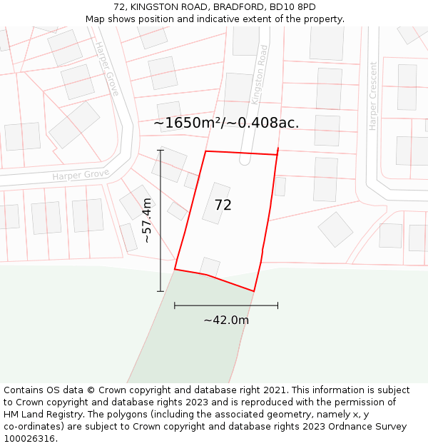 72, KINGSTON ROAD, BRADFORD, BD10 8PD: Plot and title map