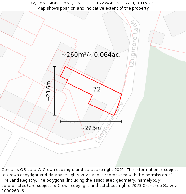 72, LANGMORE LANE, LINDFIELD, HAYWARDS HEATH, RH16 2BD: Plot and title map