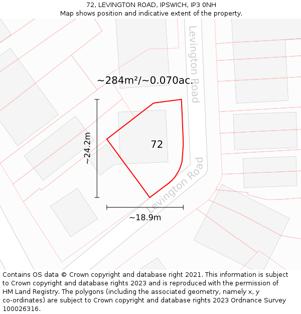 72, LEVINGTON ROAD, IPSWICH, IP3 0NH: Plot and title map
