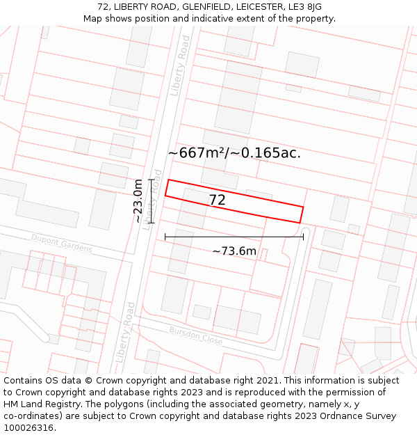 72, LIBERTY ROAD, GLENFIELD, LEICESTER, LE3 8JG: Plot and title map